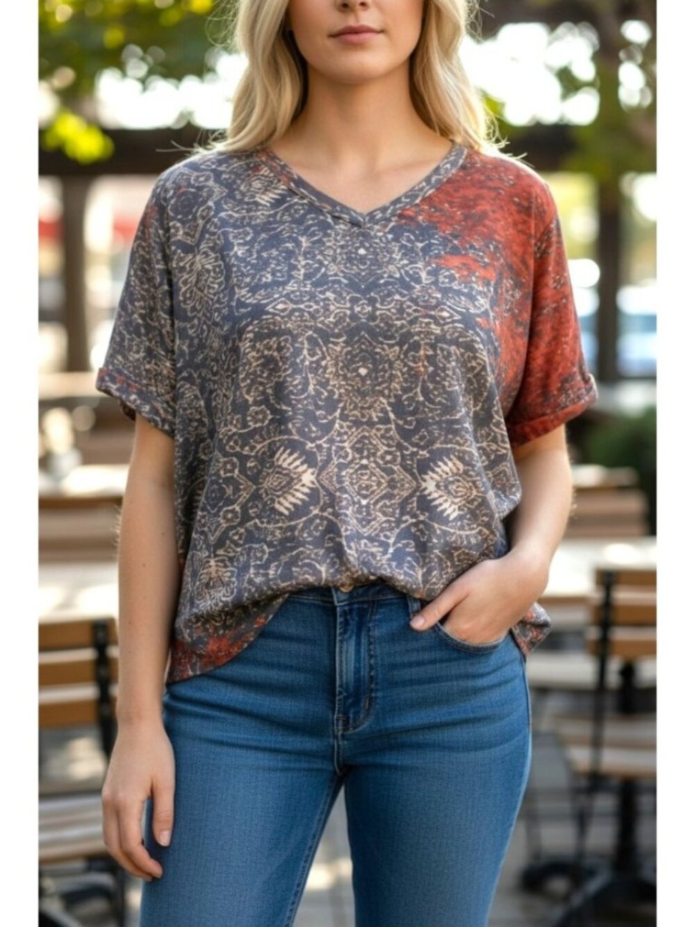 Pixie Lady Multicolor Paisley/Stone Print Short Sleeve V-Neck Size XL EUC